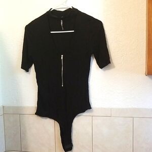 Black Zipper With Choker Front Bodysuit